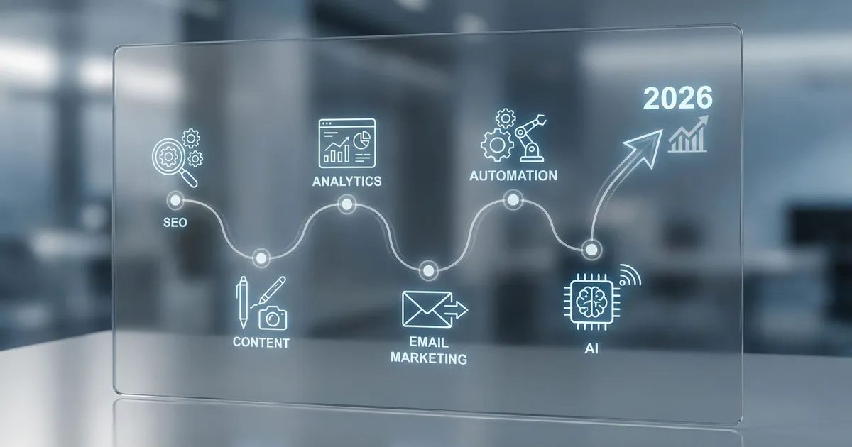 Digital marketing skills ecosystem including SEO, social media, content strategy, and data analytics