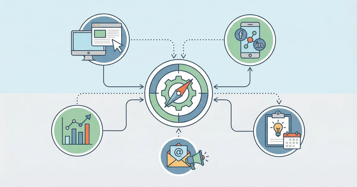 Digital marketing skills ecosystem including SEO, social media, content strategy, and data analytics