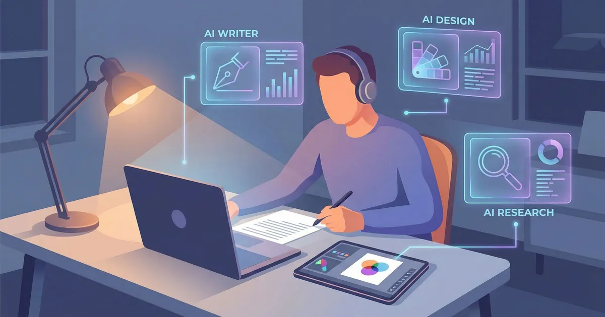 Illustration of a person using AI tools on multiple devices for writing, design, and productivity.