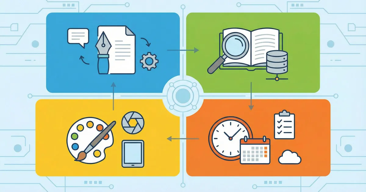 Infographic-style visualization of a free AI toolkit showing categories like writing, research, design, and productivity.