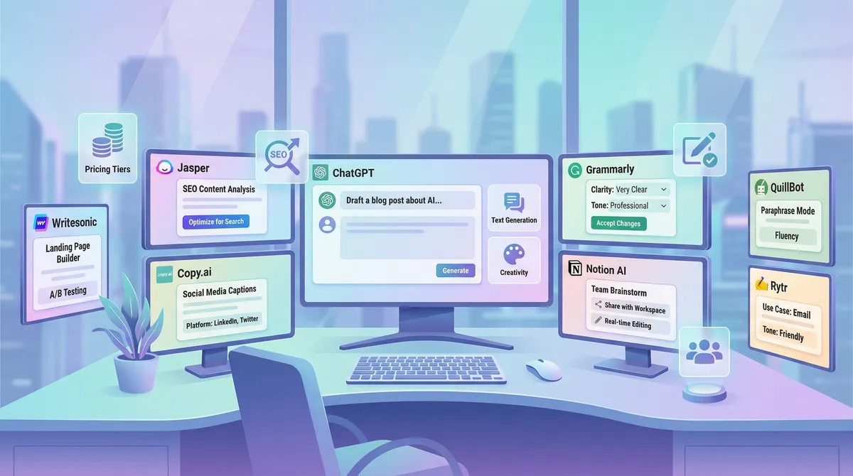 a clean digital workspace with multiple screens showing ai writing tools features