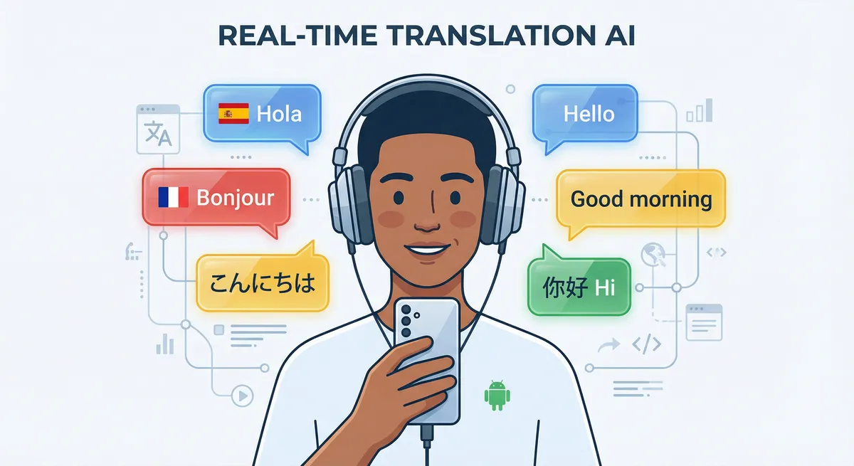 A modern illustration showing a person wearing regular headphones connected to an Android smartphone