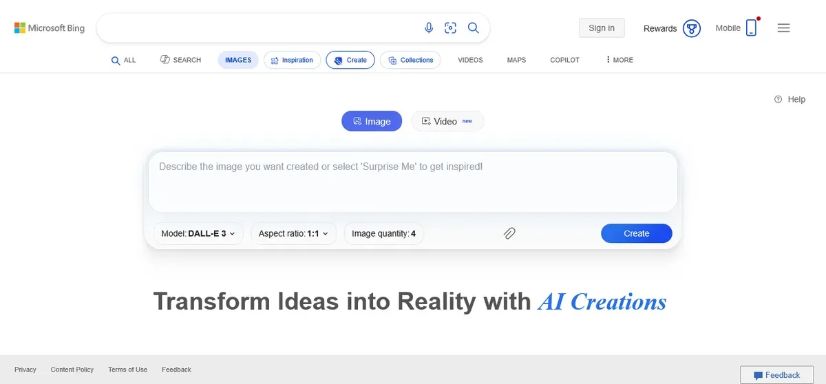bing image creator interface