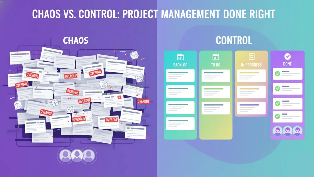 a split-screen comparison with messy digital task board and clean Kanban board