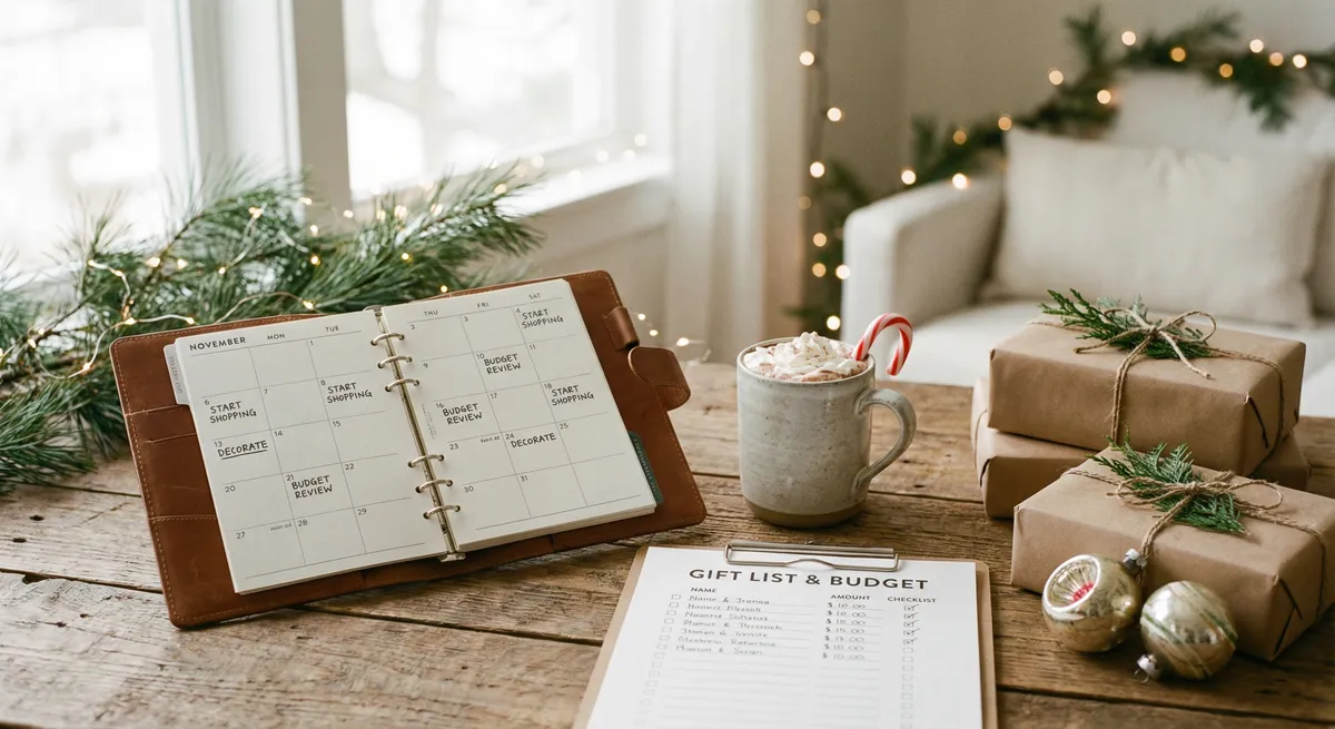 an open planner showing November dates, a checklist with gift lists and budget notes, a cup of hot cocoa, neatly wrapped gifts, Christmas ornaments, and soft warm lighting.