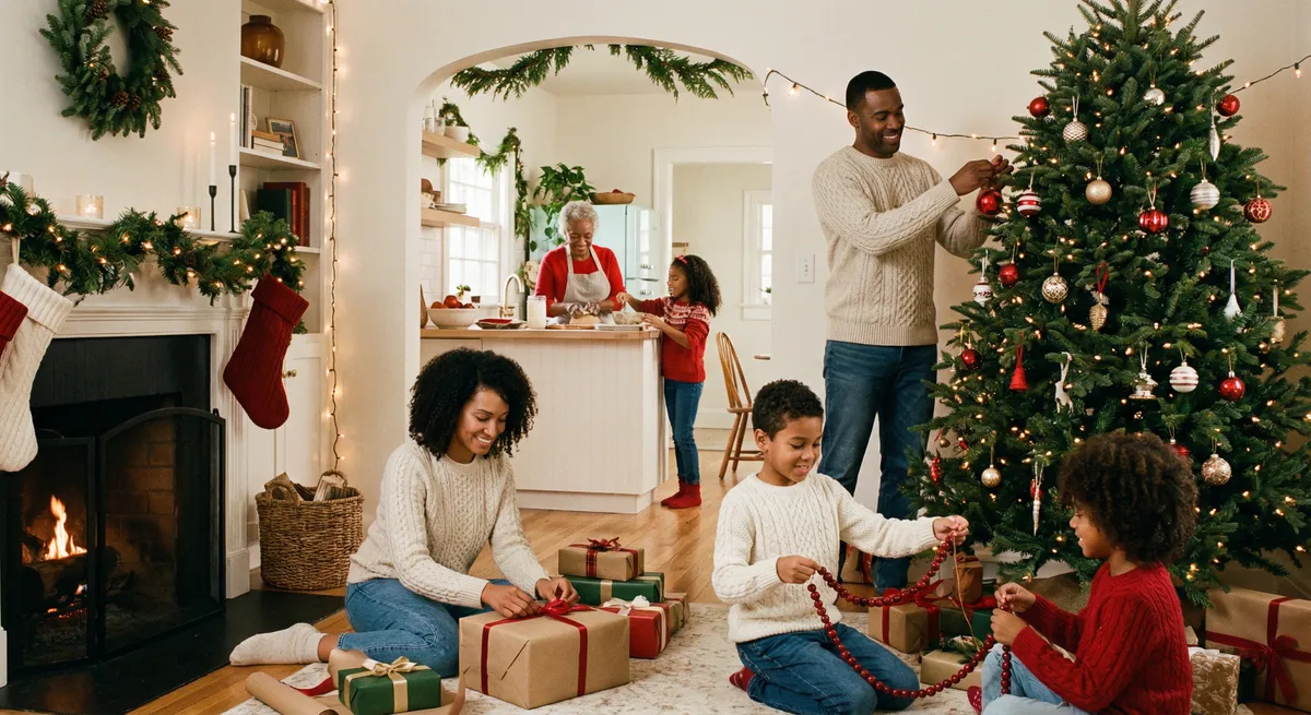 one person wrapping gifts, another arranging ornaments, someone cooking in the background, and children helping with simple tasks.