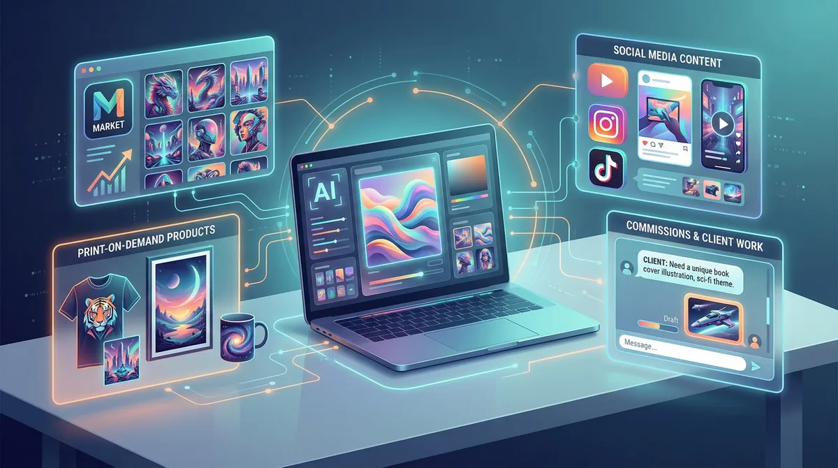 AI-generated art income streams in 2026 shown as multiple online platforms and product types