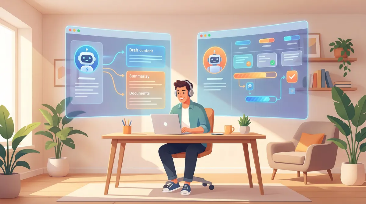 Creator using a laptop while ChatGPT and Claude automate tasks in the background on large screens