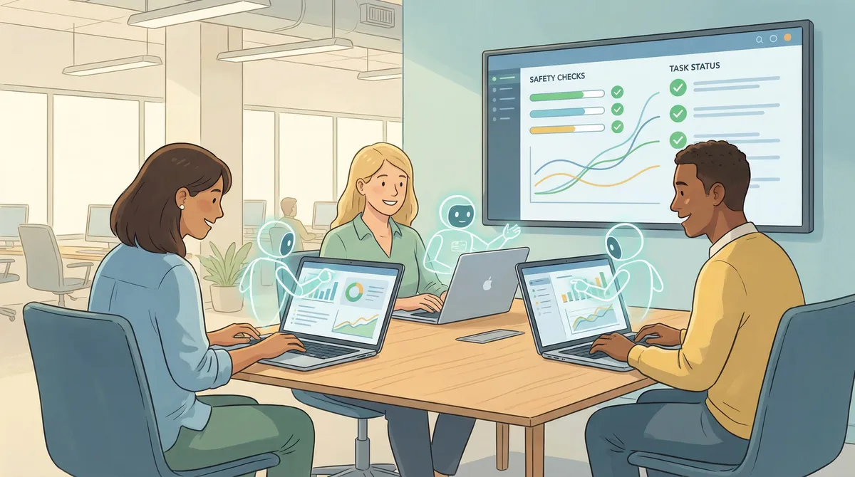 Team using AI agents as digital coworkers with monitoring dashboards