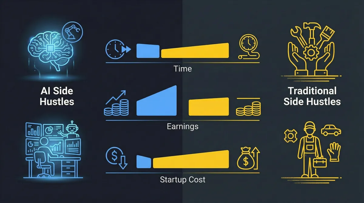 Infographic comparing AI side hustles and traditional side hustles across time, earnings, and cost