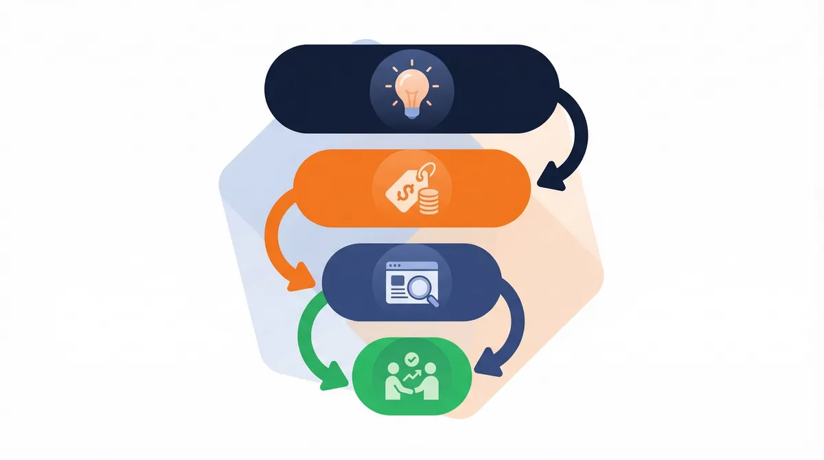 Funnel diagram showing the process of launching an AI side hustle from idea to first client
