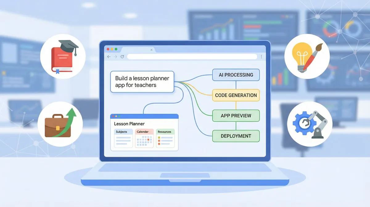 Illustration showing Google Gemini’s Opal tool creating AI mini-apps through natural language and visual workflows on the web.