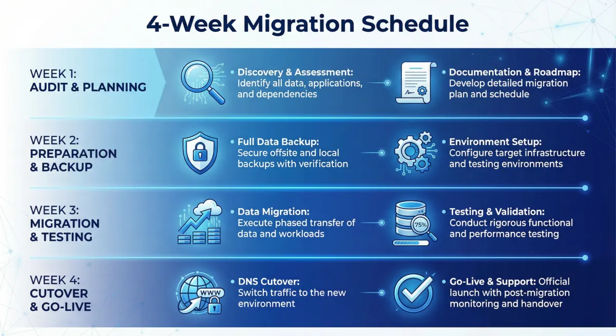a clean timeline infographic showing the 4-week migration schedule