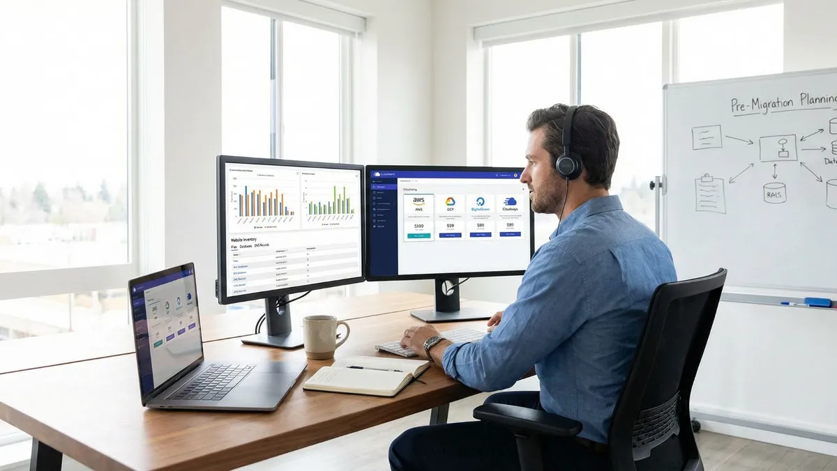 a realistic scene of a professional man working in a modern office room. He is sitting at a desk with dual monitors displaying charts, website files, cloud hosting dashboards, and migration checklists.