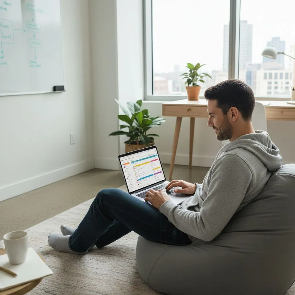 an image of a man in a room, managing tasks on his laptop.
