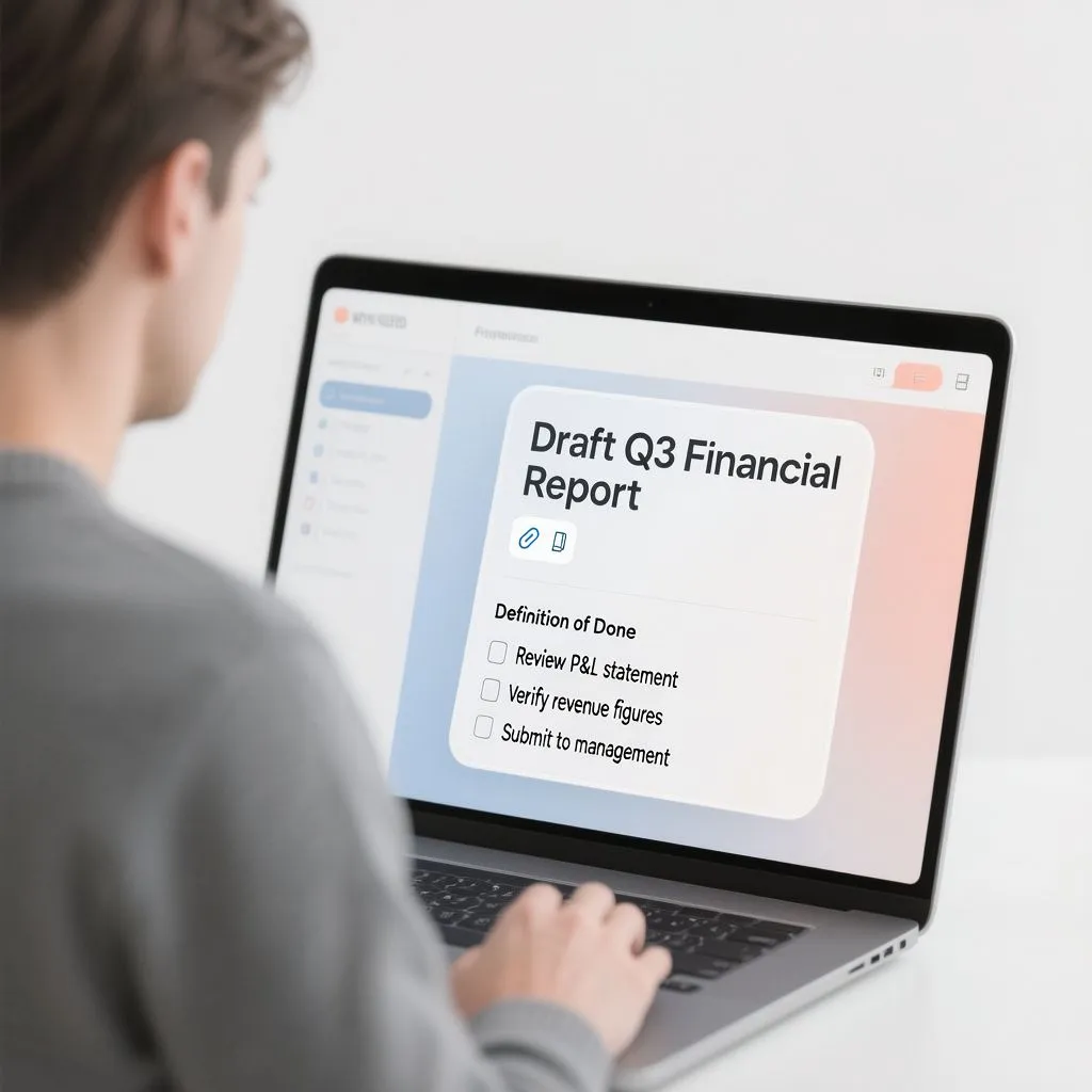 a single, detailed task card on a digital project board. Card title uses an action verb like “Draft Q3 Financial Report,” description area shows links and attachment icons, and a visible checklist titled Definition of Done