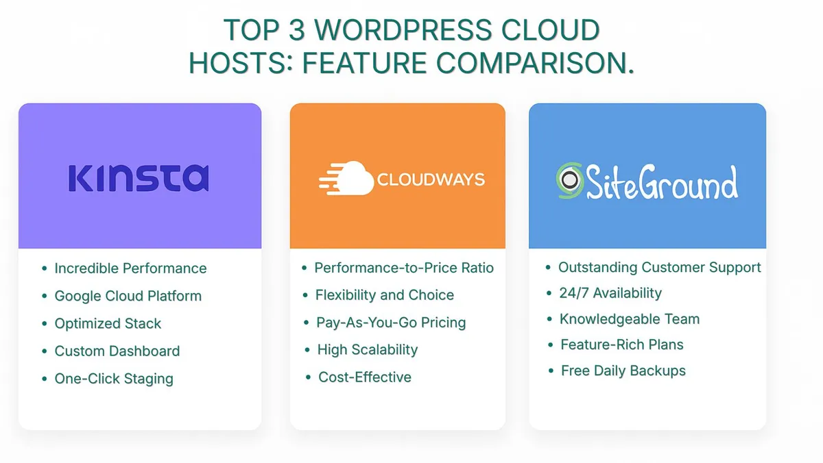 kinsta, cloudways, siteground features comparison