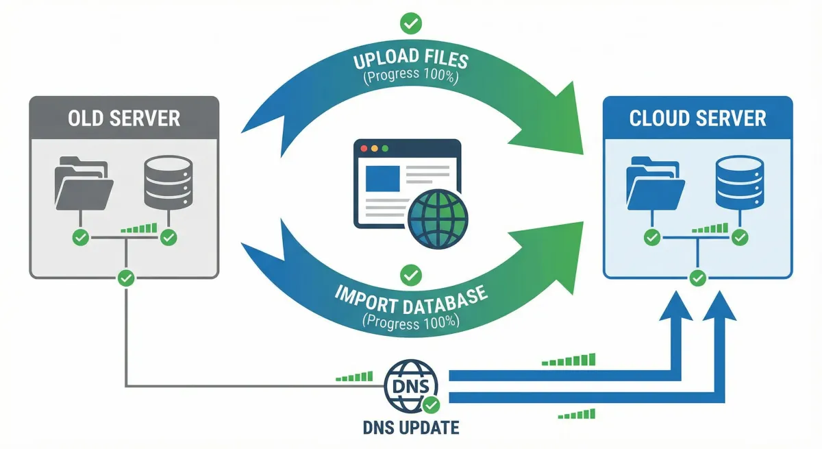 a technical process diagram showing website migration steps